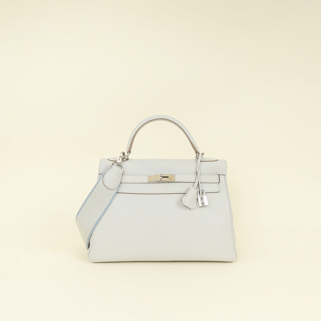 Hermes Gris Perle Retourne Kelly 32 Bag w/ Toile Sangle Strap
