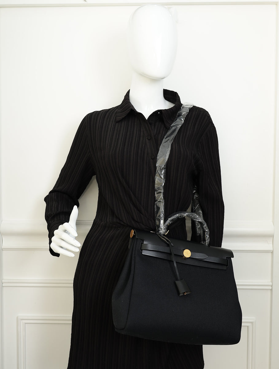Hermes Noir Herbag Zip 31 Retourne Toile Militaire Vache Hunter PM Bag