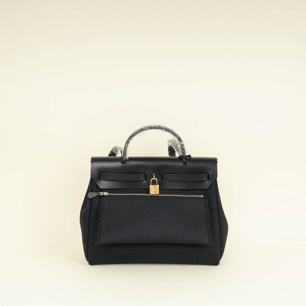 Hermes Noir Herbag Zip 31 Retourne Toile Militaire Vache Hunter PM Bag