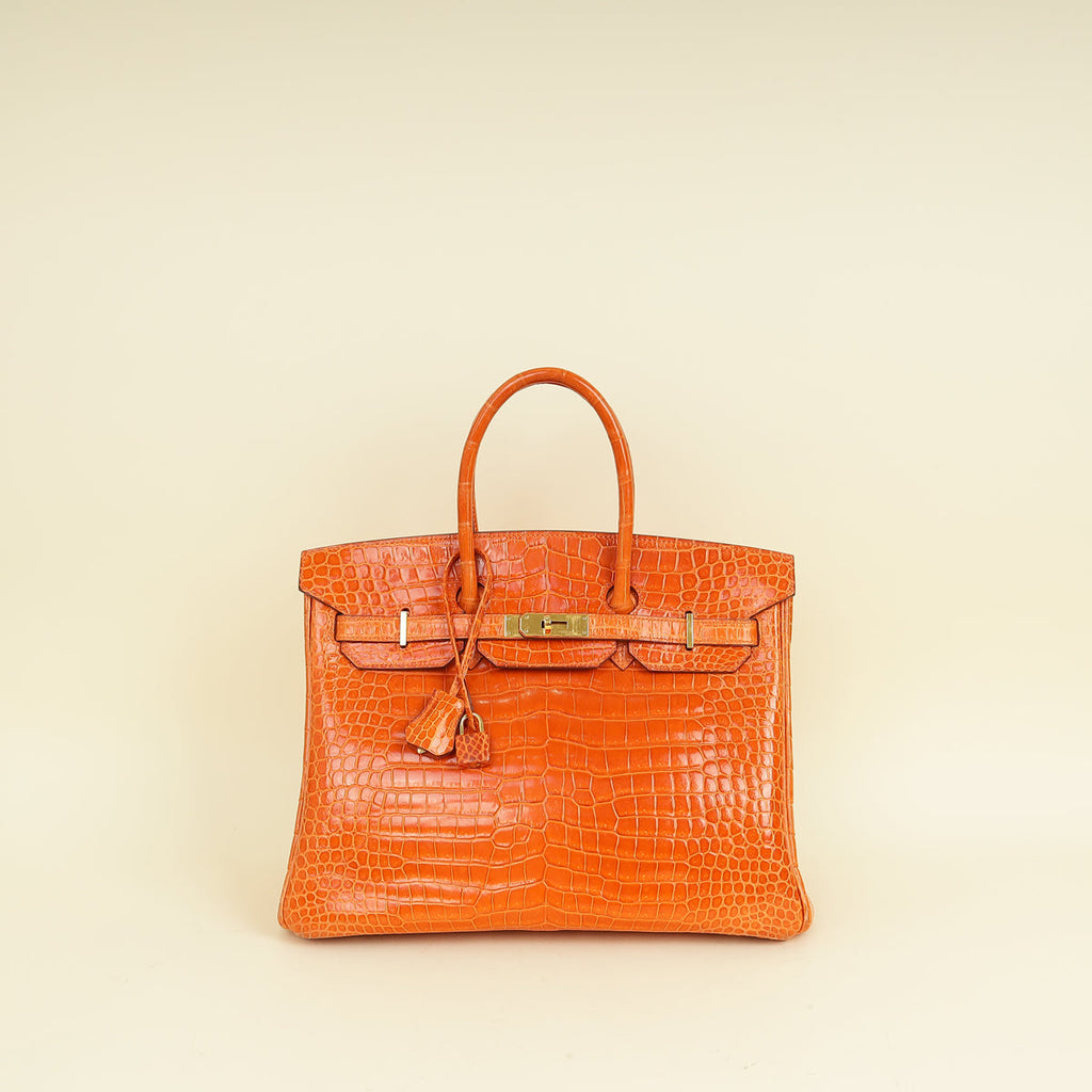 Hermes Orange Shiny Crocodile Porosus Birkin 35 Bag