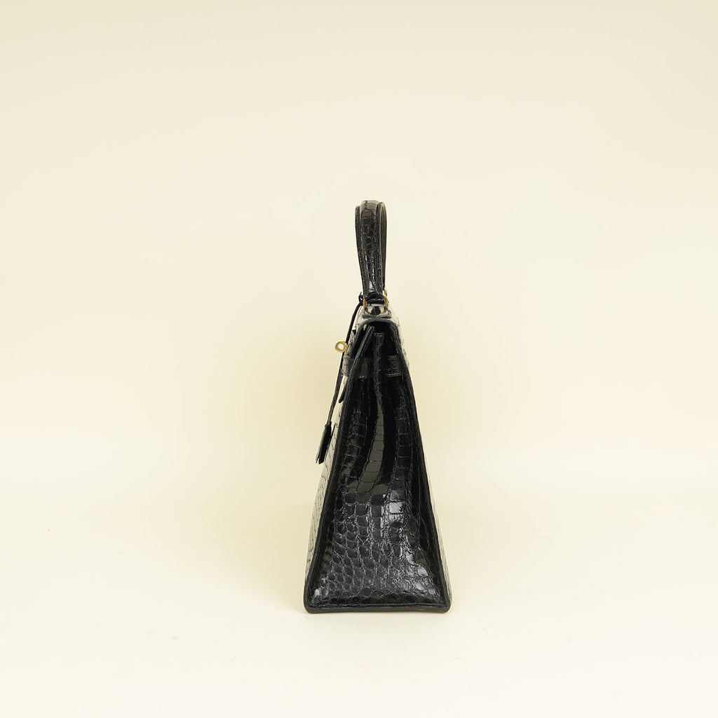Hermes Noir Vintage Shiny Crocodile Kelly 32 Bag