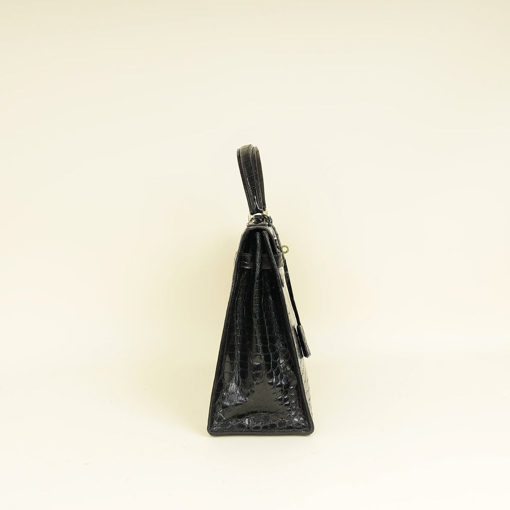 Hermes Noir Vintage Shiny Crocodile Kelly 32 Bag