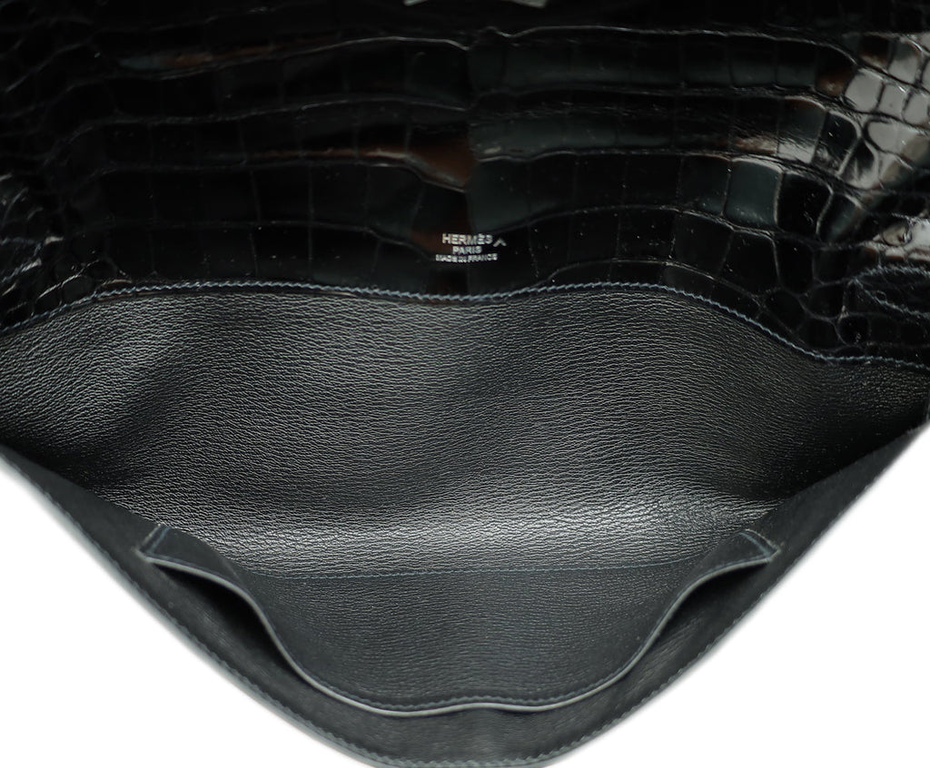 Hermes Noir Kelly Cut Shiny Crocodile Porosus Bag