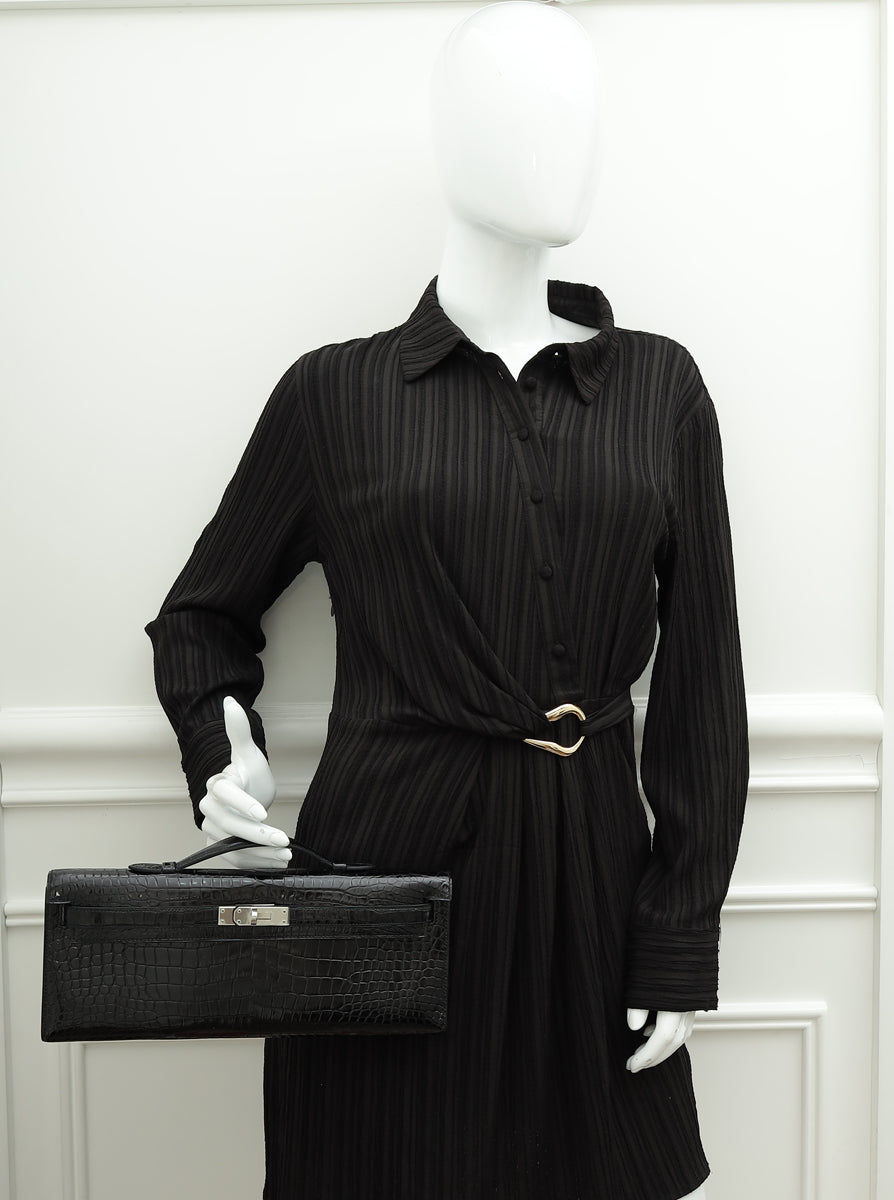 Hermes Noir Kelly Cut Shiny Crocodile Porosus Bag