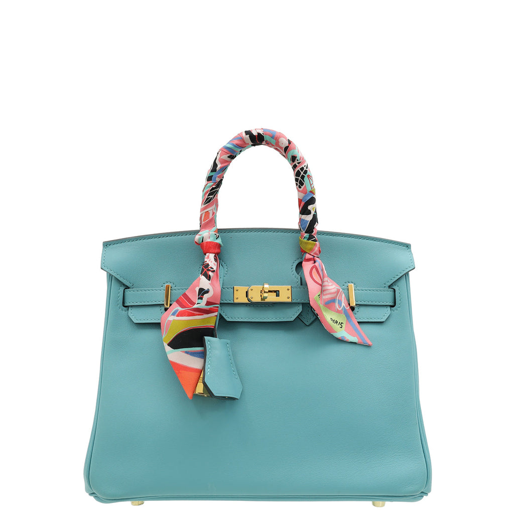 Hermes Bleu Atoll Retourne Birkin 25 Bag W/ Twillies