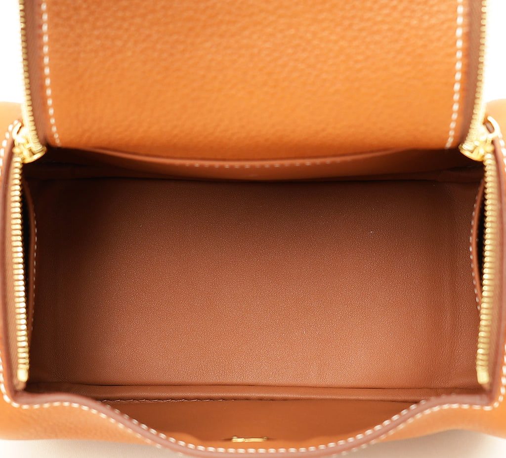 Hermes Gold Lindy II Mini Bag W/ Grain Toile Canvas Shoulder Strap