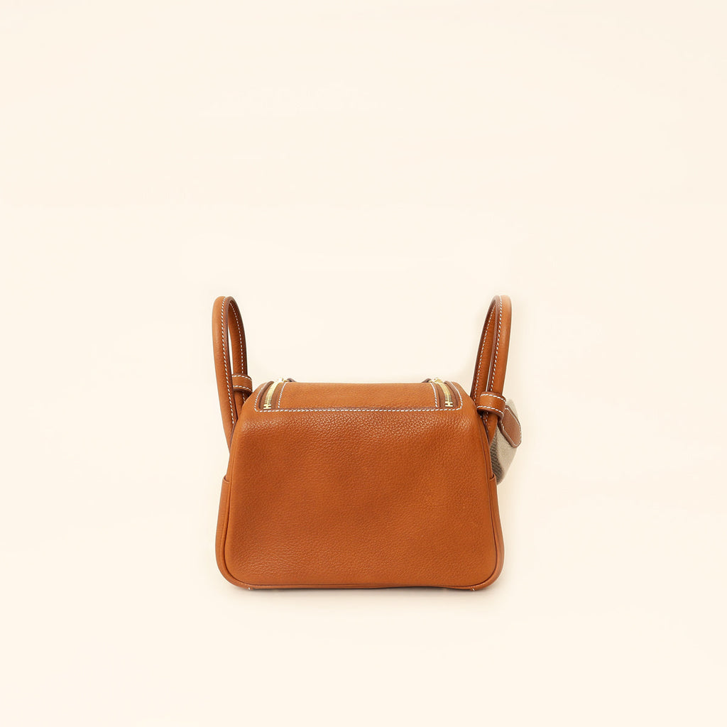 Hermes Gold Lindy II Mini Bag W/ Grain Toile Canvas Shoulder Strap