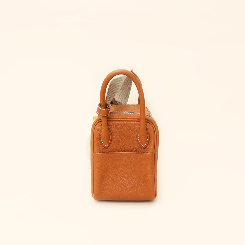 Hermes Gold Lindy II Mini Bag W/ Grain Toile Canvas Shoulder Strap