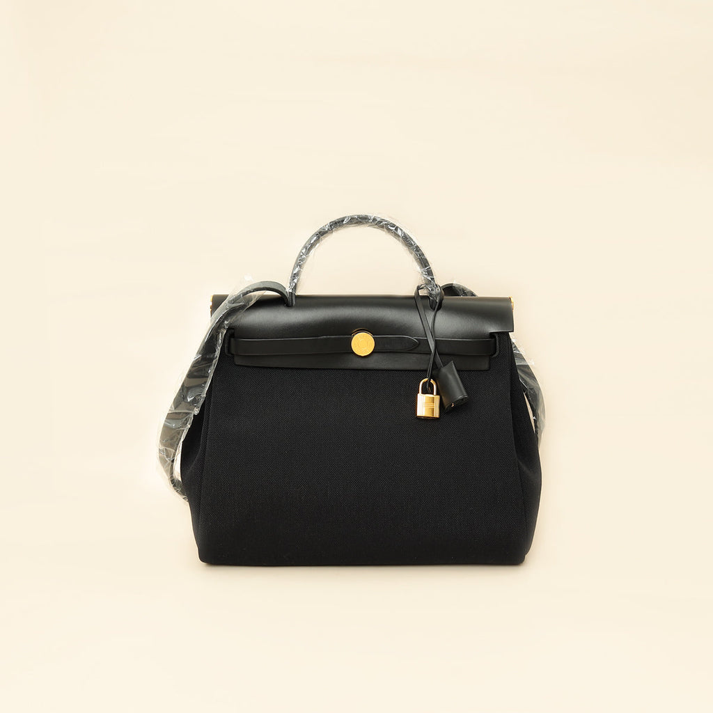 Hermes Noir Herbag Zip 31 Pm Retourne Military Toile and Vache Bag
