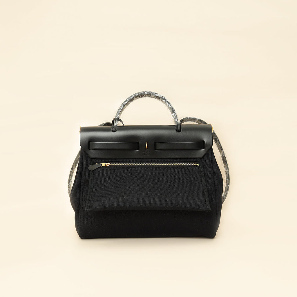 Hermes Noir Herbag Zip 31 Pm Retourne Military Toile and Vache Bag