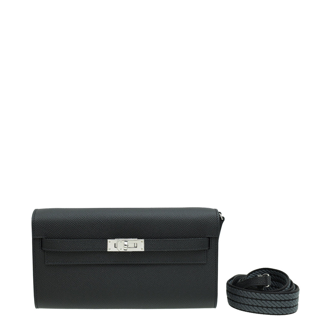 Hermes Noir Classique Kelly To Go Wallet W/ Maxi Quadrille Strap