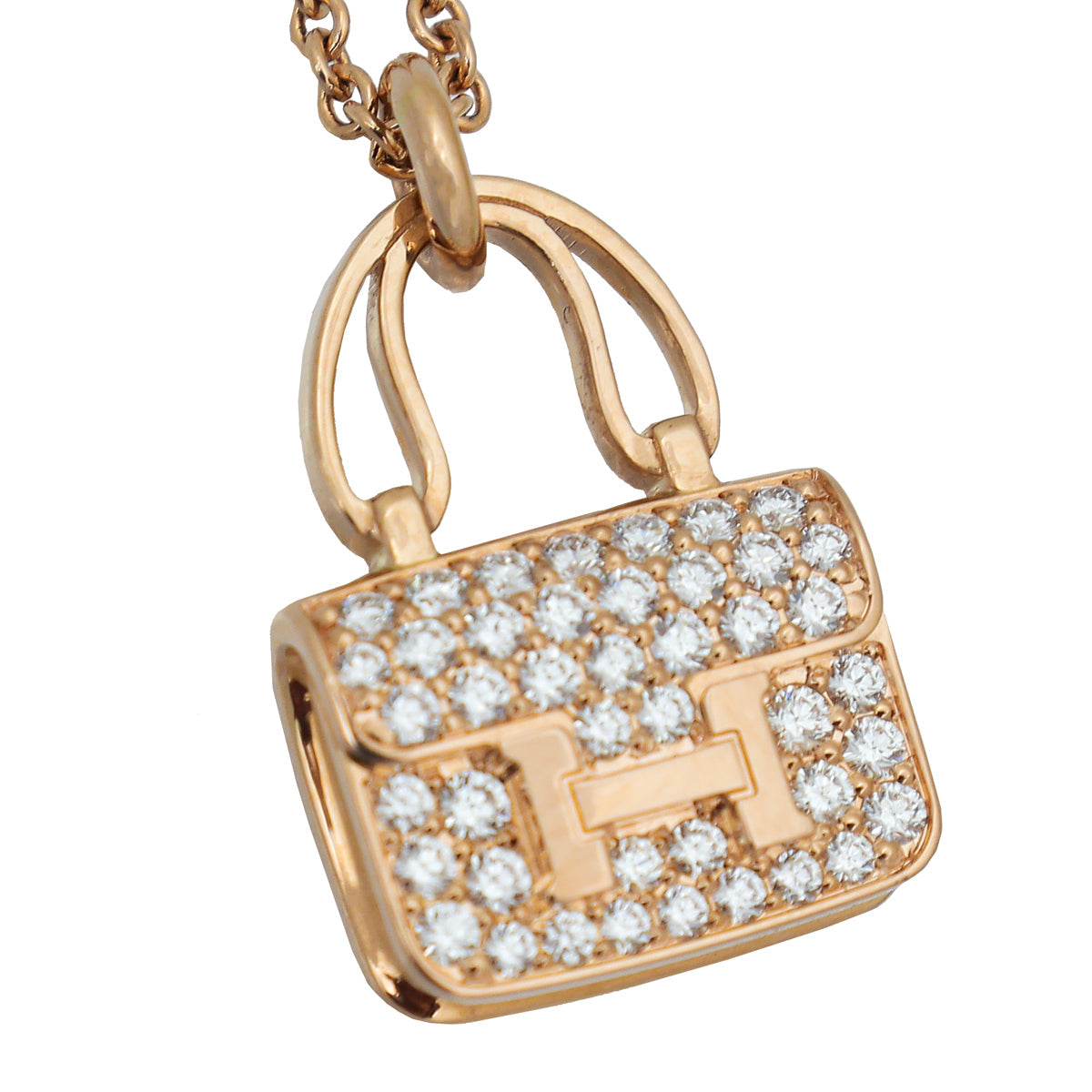 Hermes 18K Rose Gold Diamond Amulettes Constance Pendant Necklace
