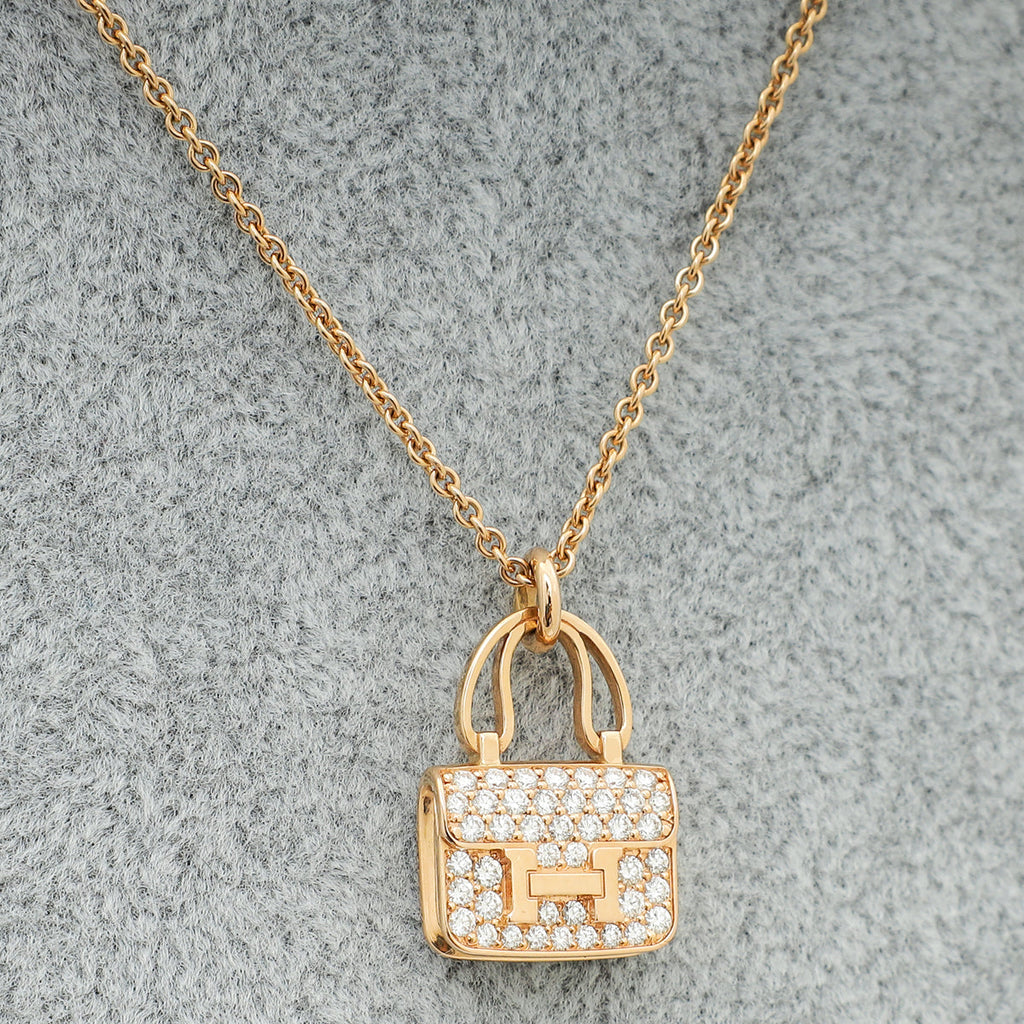 Hermes 18K Rose Gold Diamond Amulettes Constance Pendant Necklace