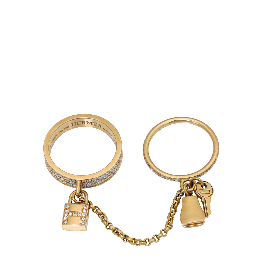 Hermes 18K Rose Gold Diamond Kelly Cadenas Double Ring 53