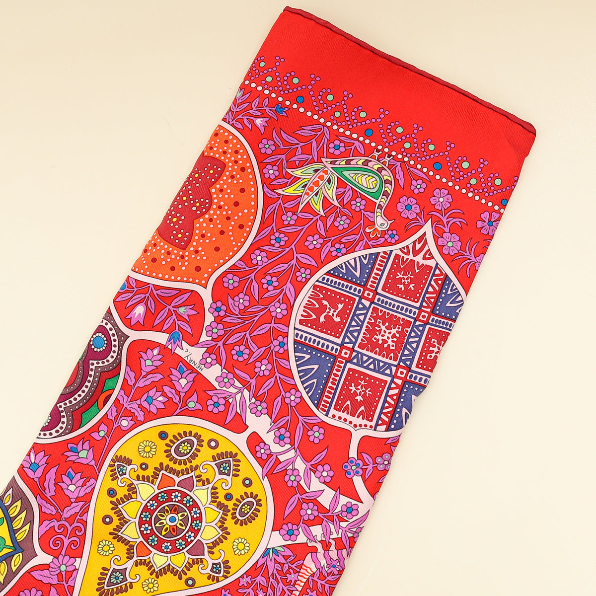 Hermes Rouge Multicolor L'arbre de Vie Shawl Scarf 90