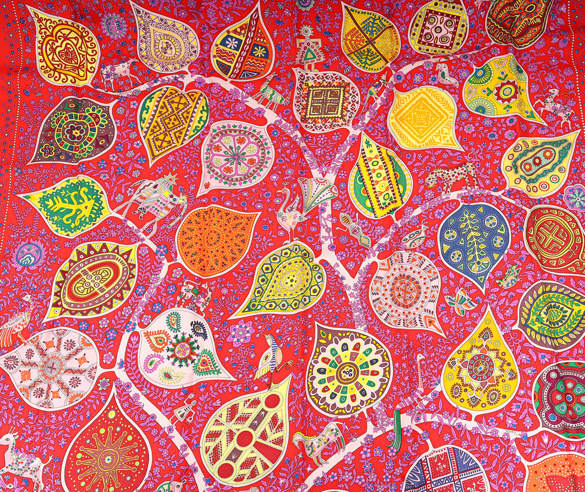 Hermes Rouge Multicolor L'arbre de Vie Shawl Scarf 90