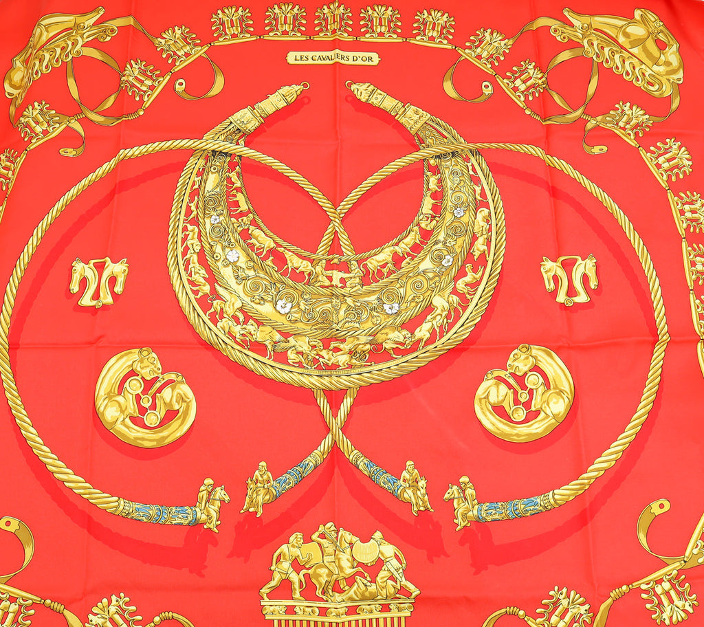 Hermes Rouge Multicolor Rybal "Les Cavaliers d'Or Silk Scarf 90