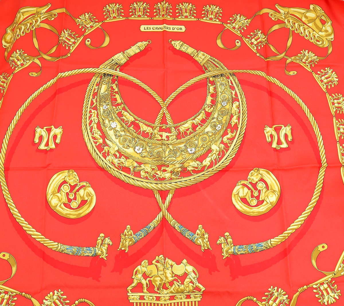 Hermes Rouge Multicolor Rybal "Les Cavaliers d'Or Silk Scarf 90
