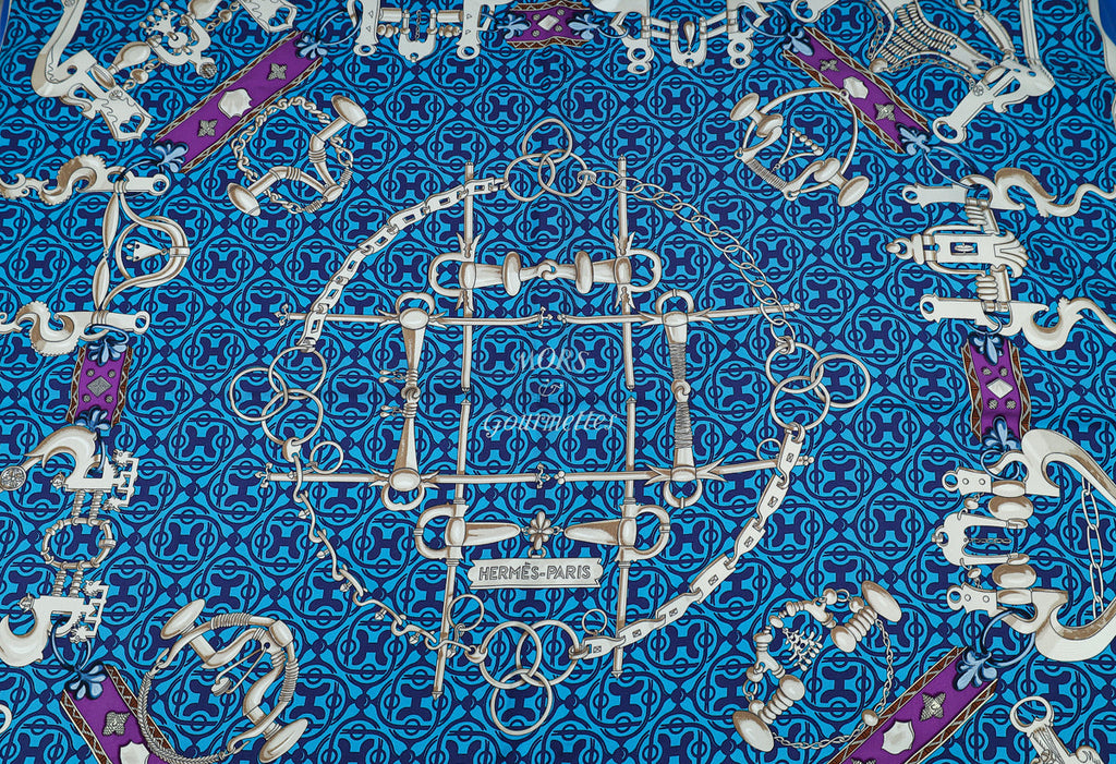 Hermes Blue Multicolor Mors et Gourmettes Silk Scarf