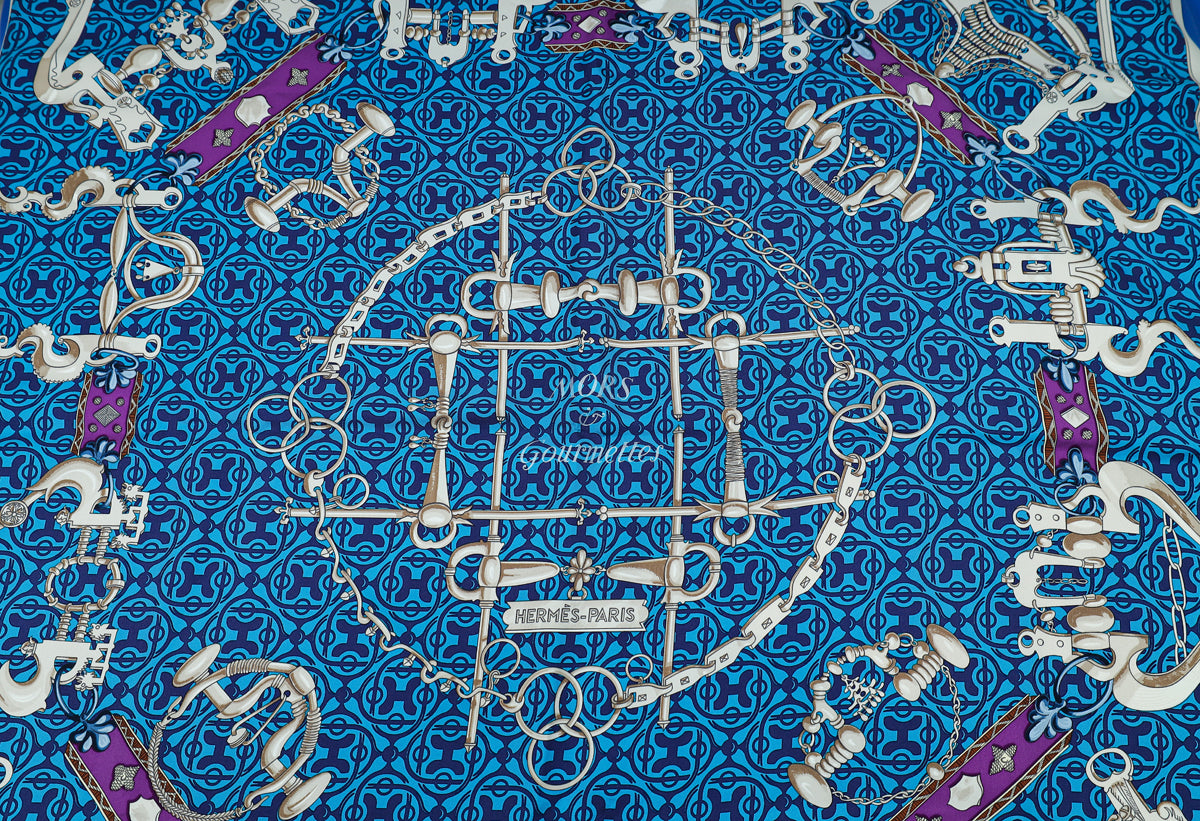 Hermes Blue Multicolor Mors et Gourmettes Silk Scarf