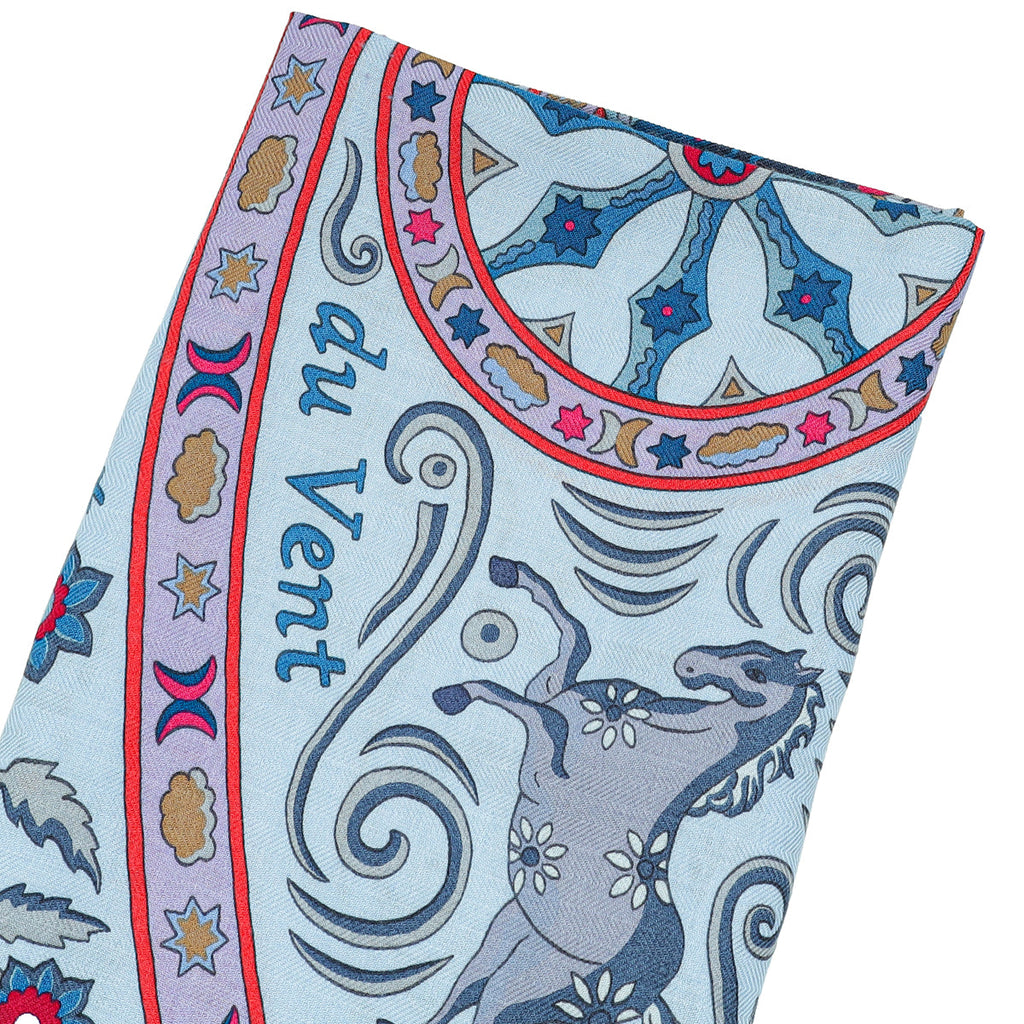 Hermes Bleu Ciel Parme Peuple du Vent Cashmere Silk Shawl