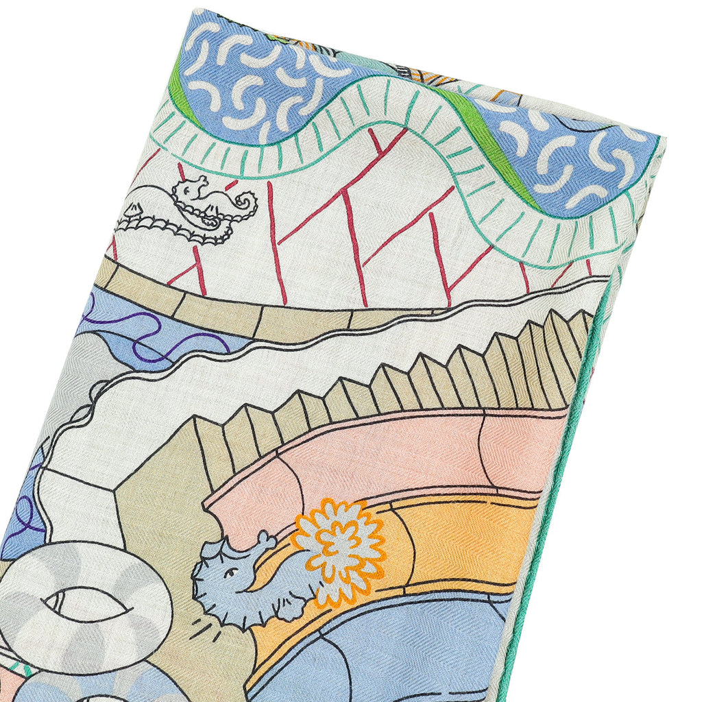 Hermes Vert Bleu Multicolor Splash Park Cashmere Silk Shawl