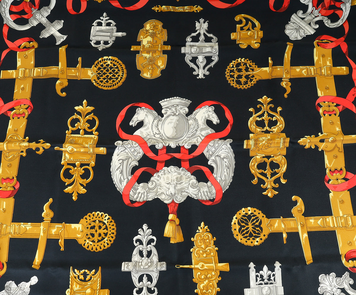 Hermes Noir Multicolor Ferronnerie Silk Square Scarf 90