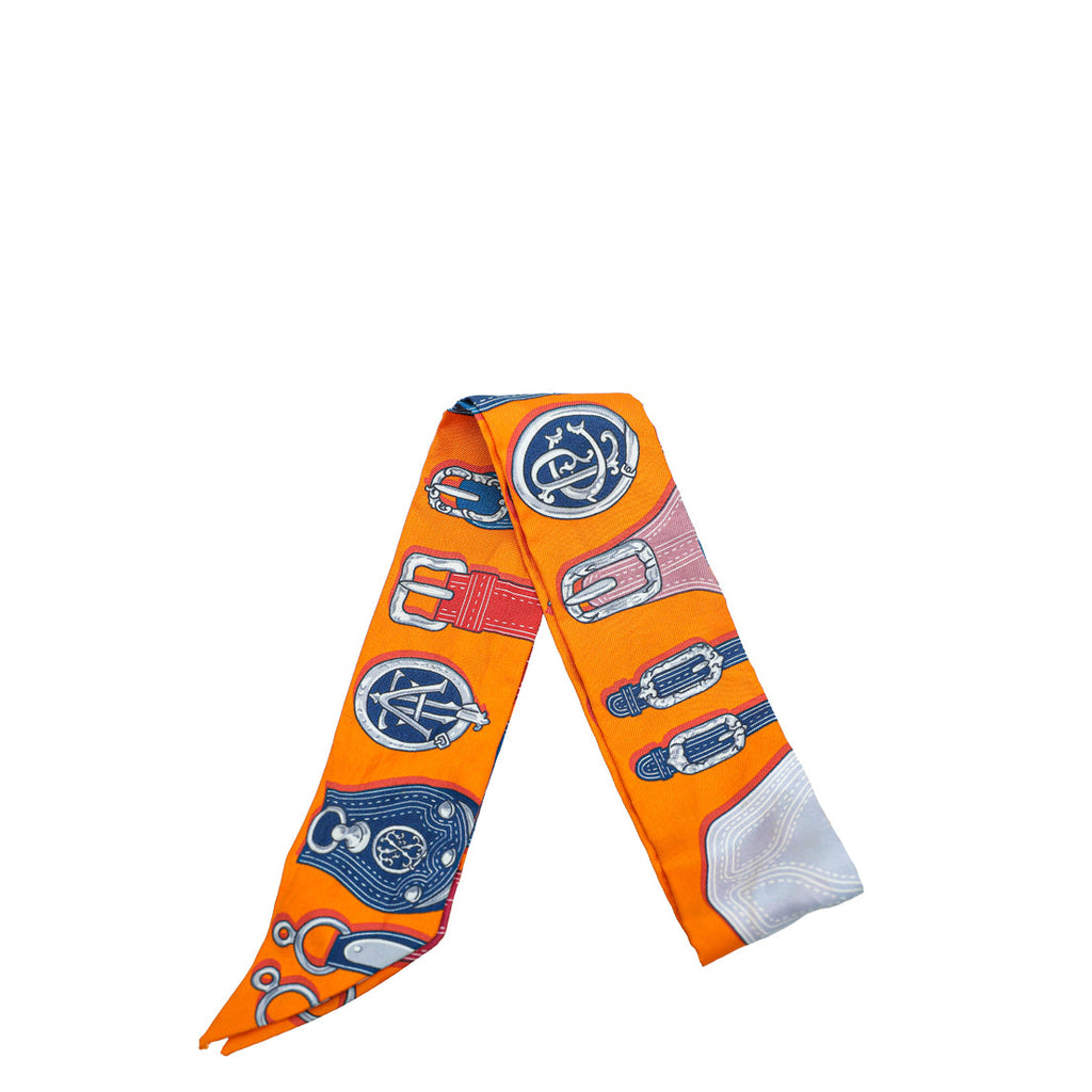 Hermes Orange Multicolor Belt Motif Silk Twilly