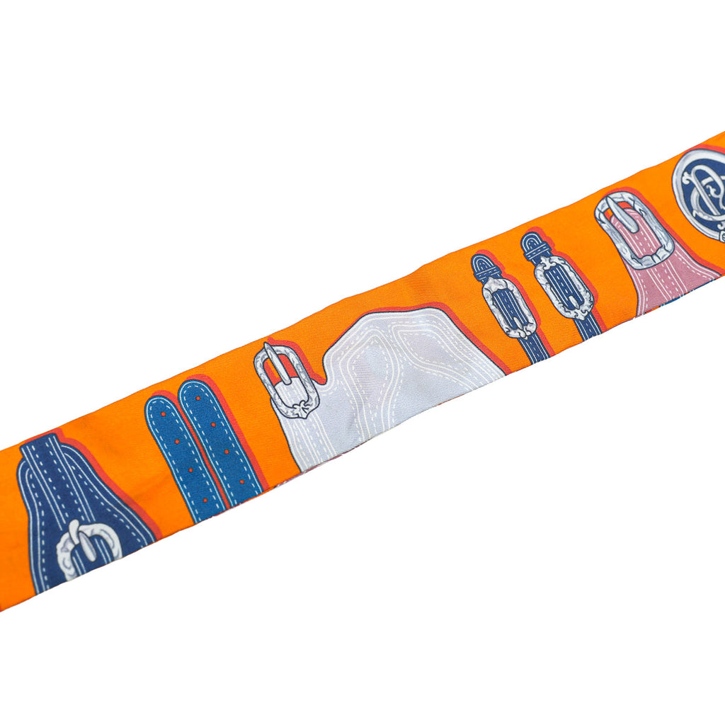 Hermes Orange Multicolor Belt Motif Silk Twilly