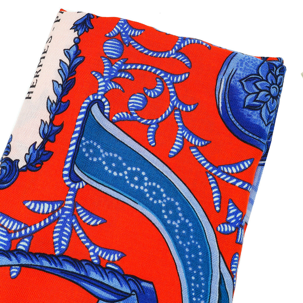 Hermes Orange Multicolor Duo D'Etriers Cashmere Silk 140 Shawl