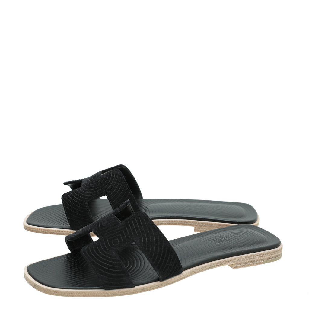 Hermes Black Suede Embossed Goatskin Oran Sandal 39