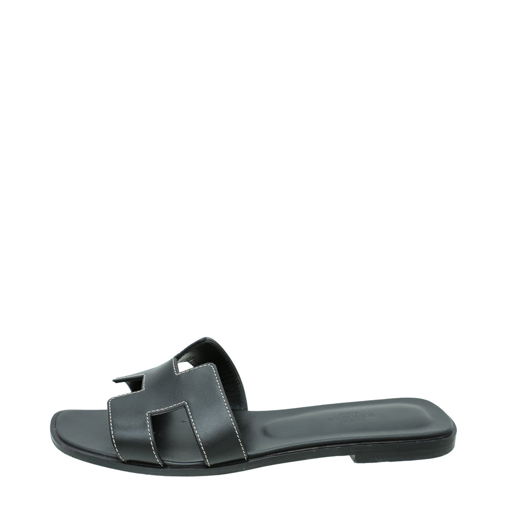 Hermes Noir Oran Sandals 38