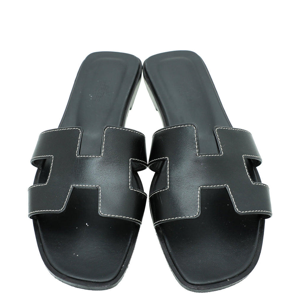 Hermes Noir Oran Sandals 38