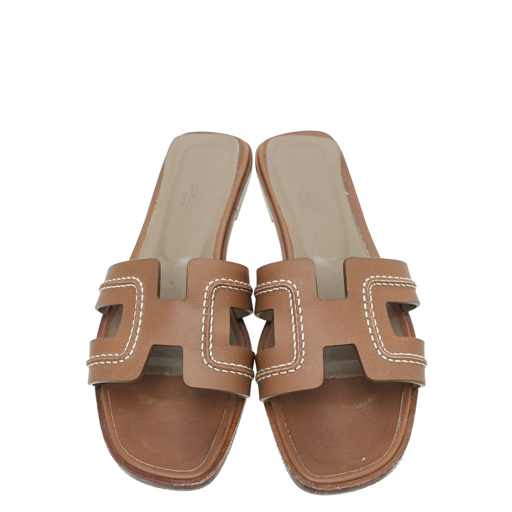 Hermes Gold Oran Stitched Detail Sandal 38.5