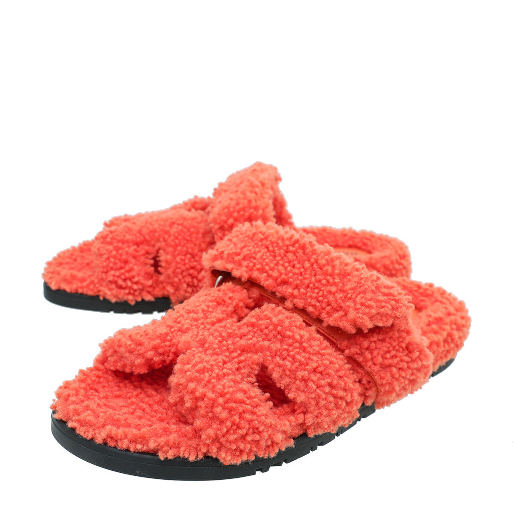 Hermes Orange Woolskin Chypre Sandal 38