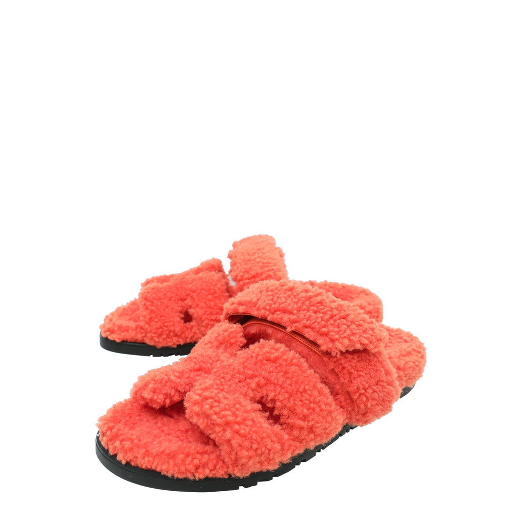 Hermes Orange Woolskin Chypre Sandals 36