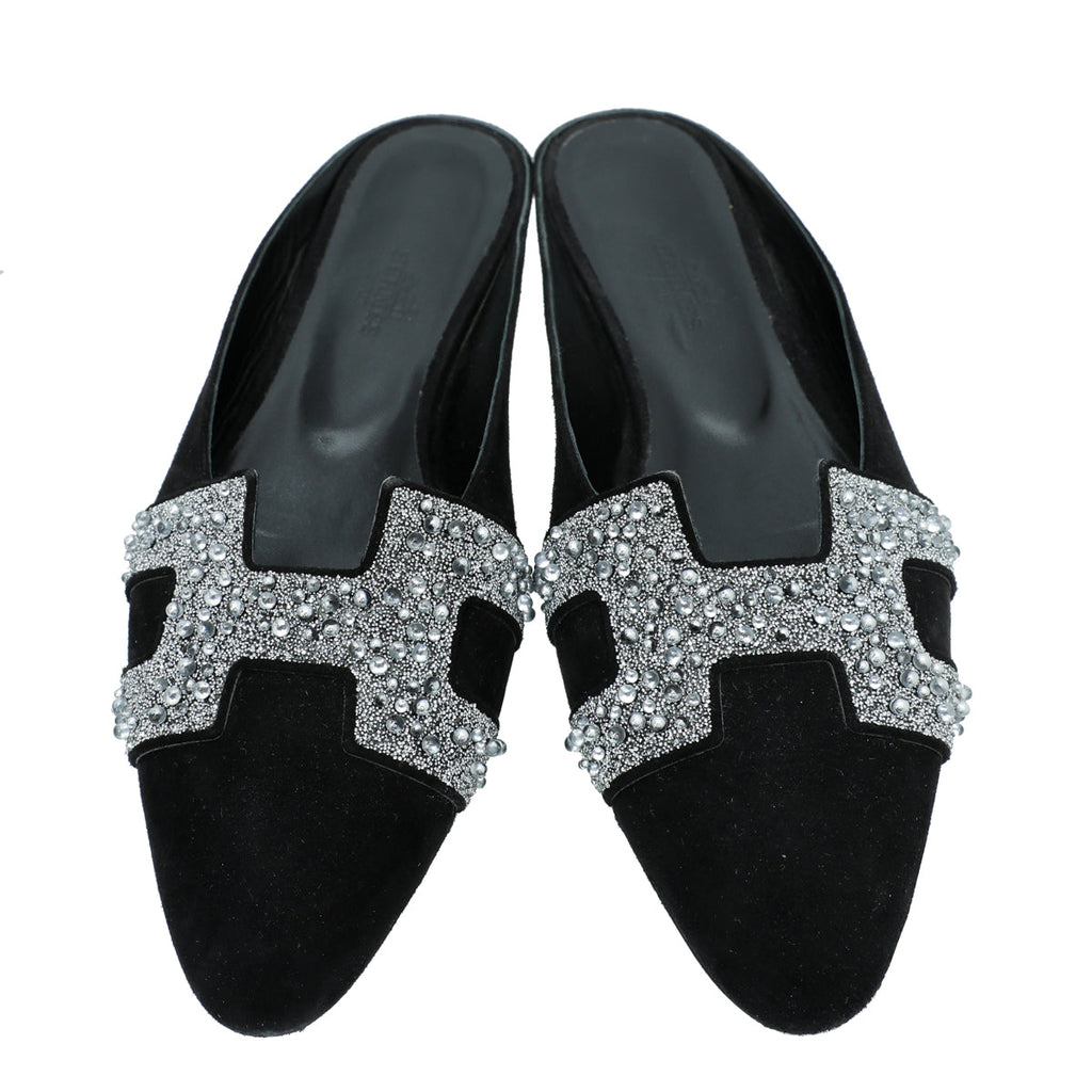 Hermes Black Suede Crystal Beads Roxane Mules 36