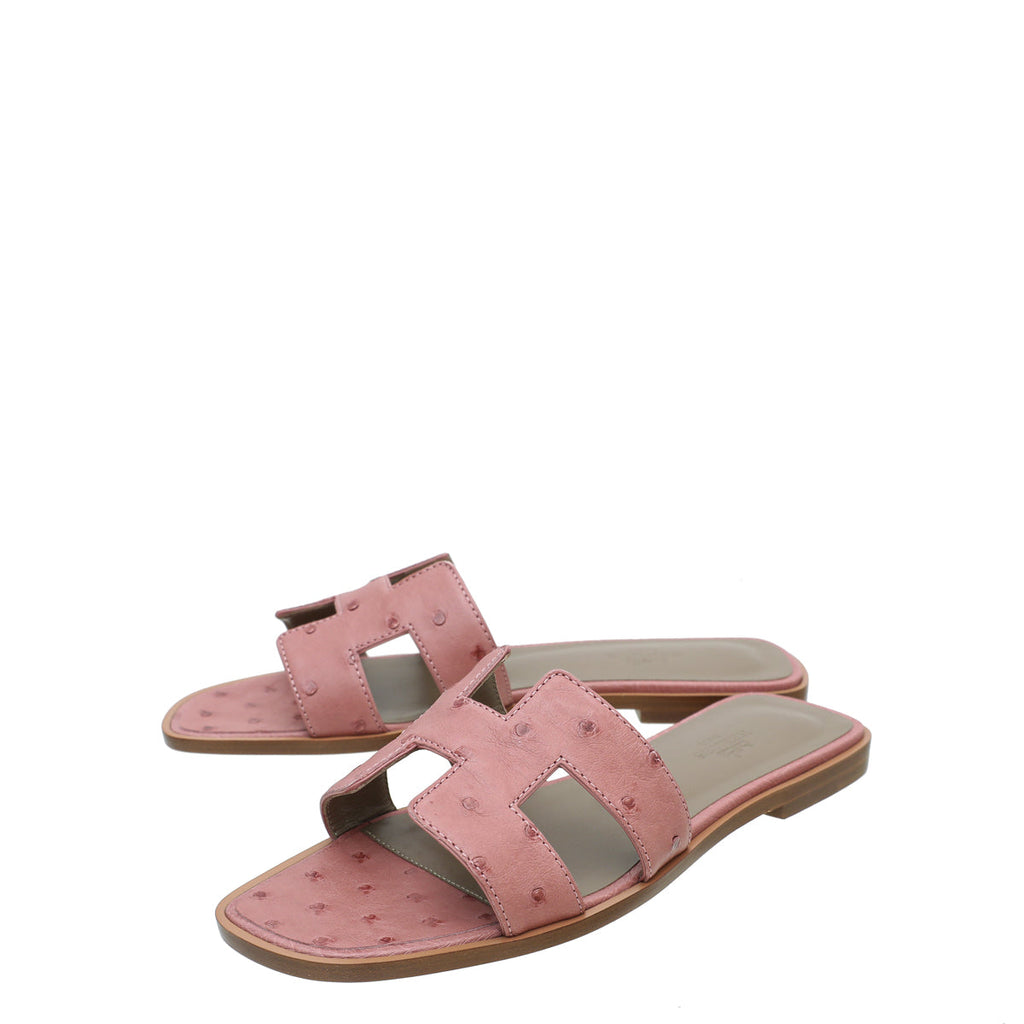 Hermes Rouge Blush Ostrich Oran Sandal 38