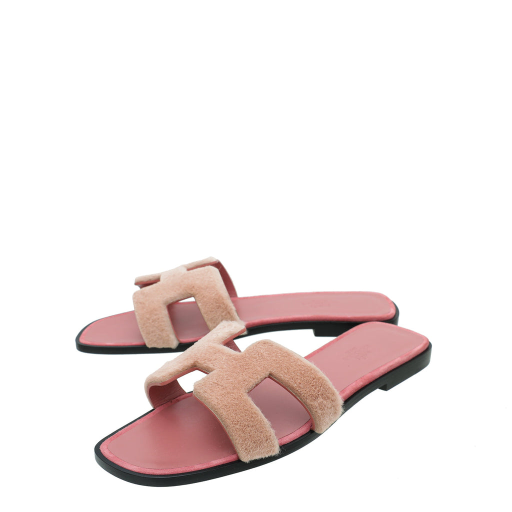 Hermes Blush Gris Fume Mink Fur Oran Sandals 39