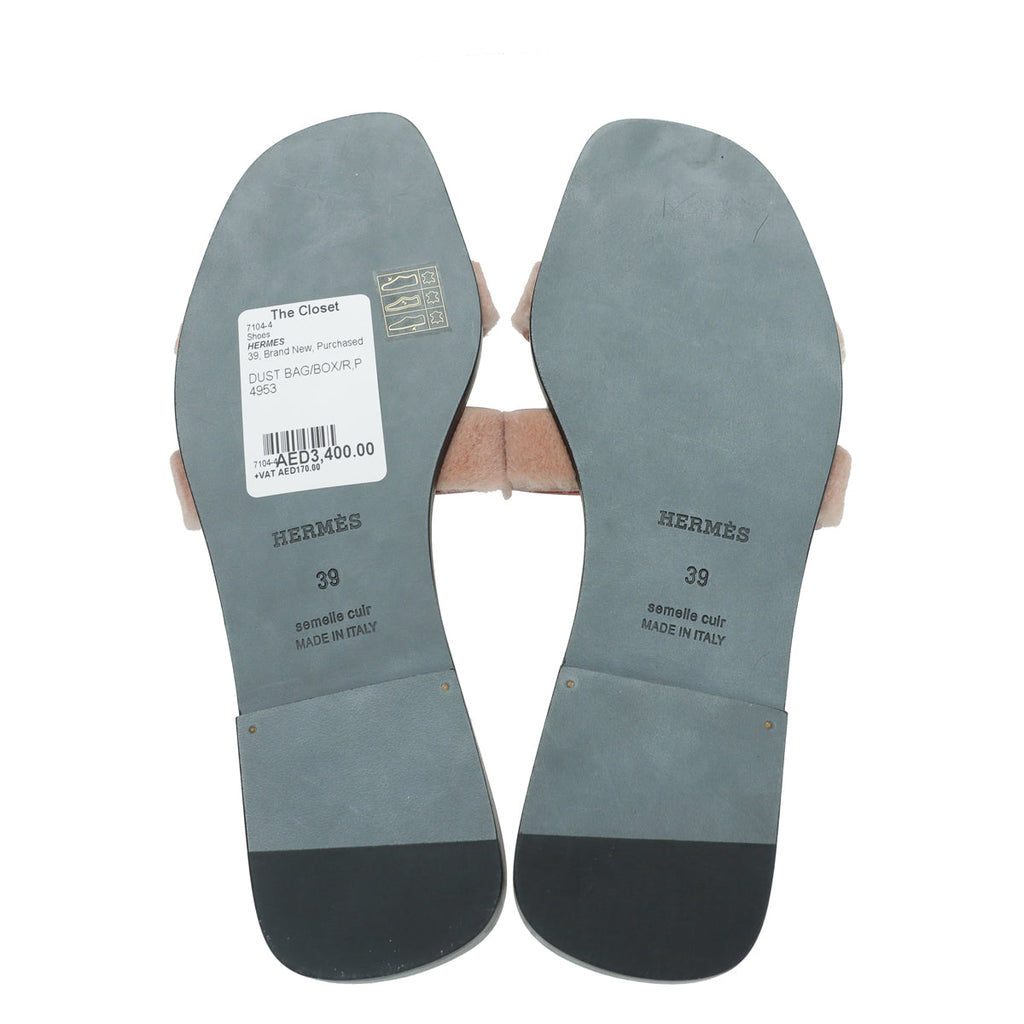 Hermes Blush Gris Fume Mink Fur Oran Sandals 39