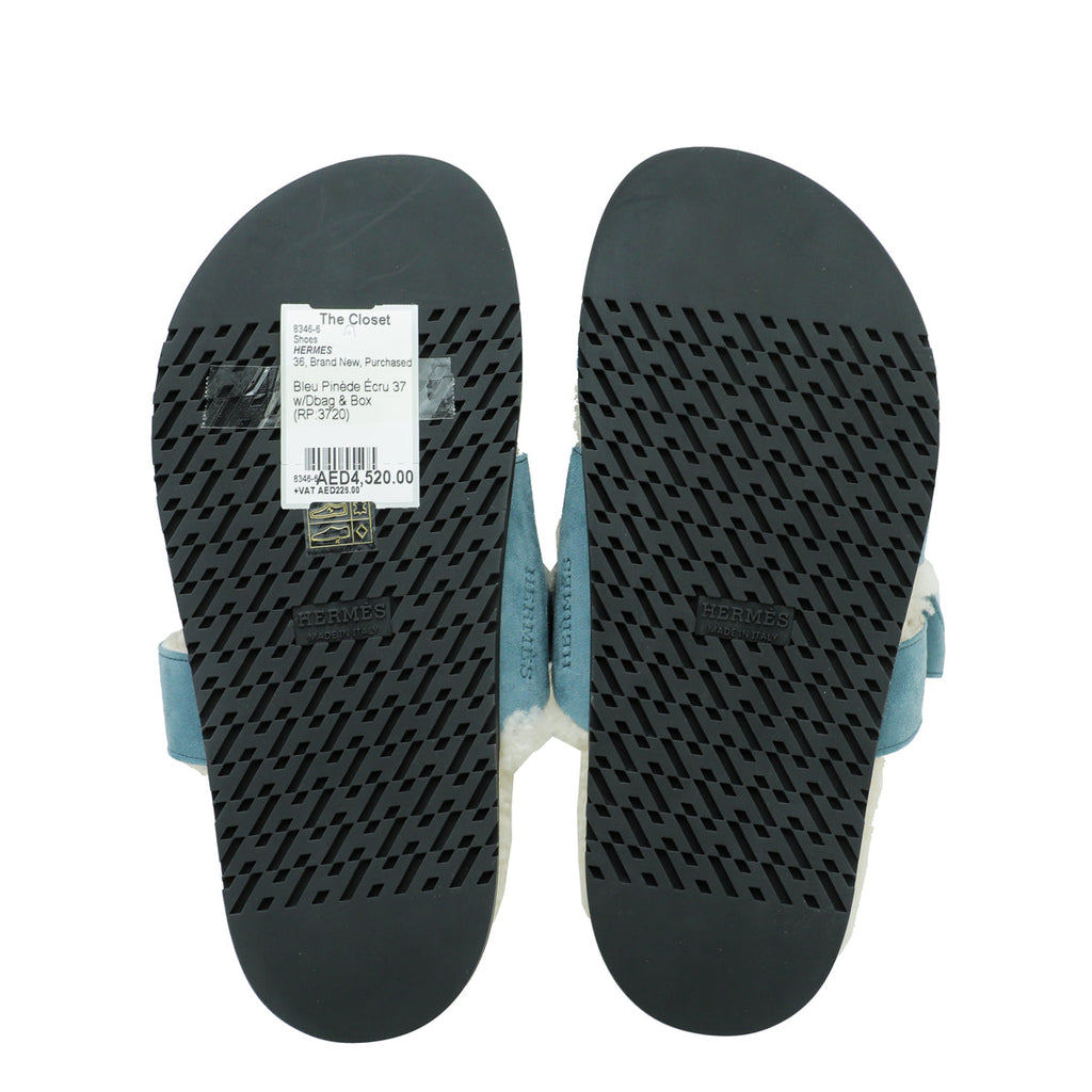 Hermes Bleu Pinède Écru Suede Wool Chypre Sandals 37