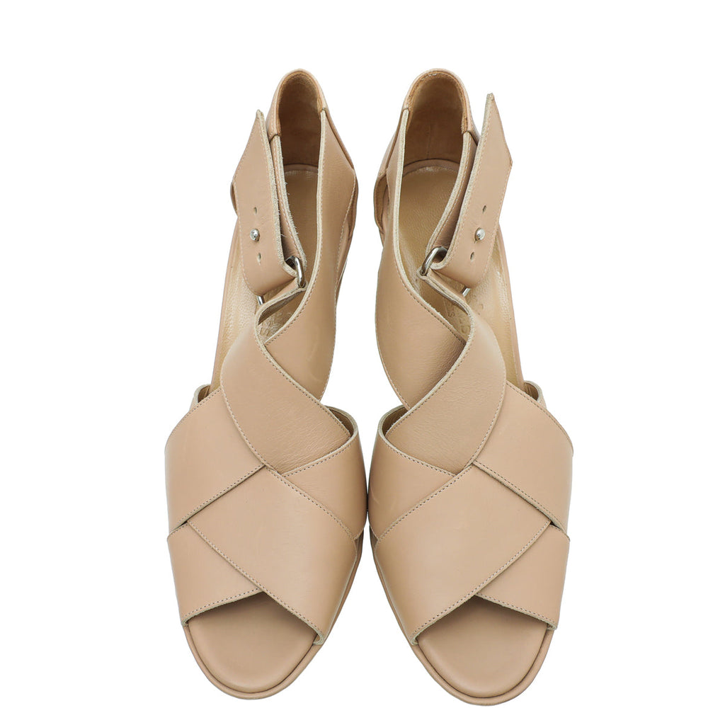 Hermes Beige Cross Strappy Platform Sandal 38