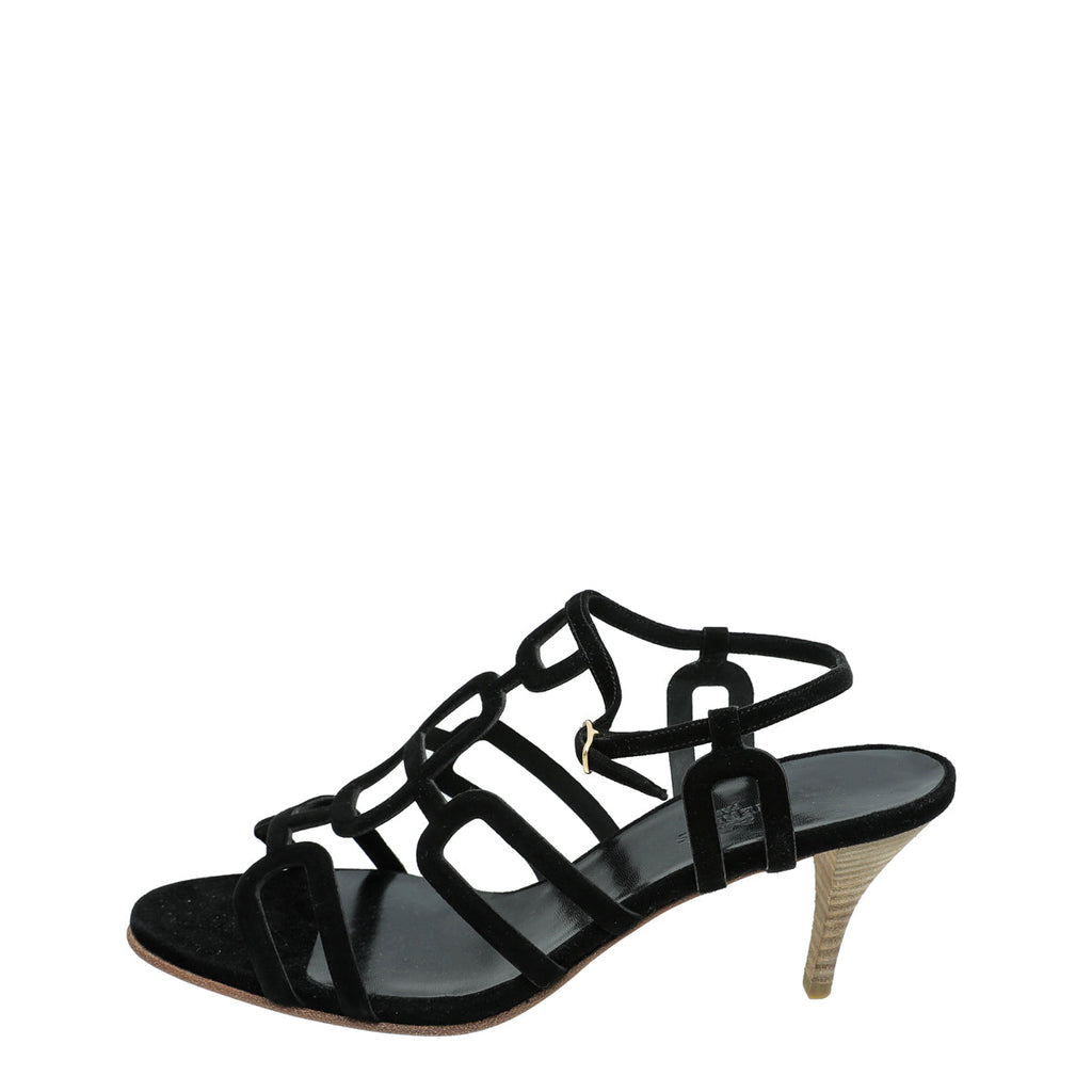 Hermes Noir Suede Cut Out Sandal 38.5
