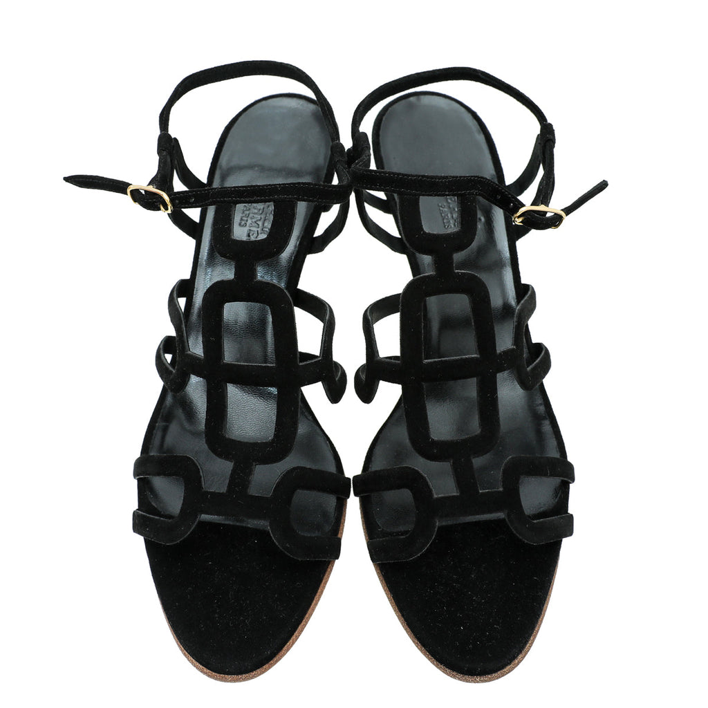 Hermes Noir Suede Cut Out Sandal 38.5