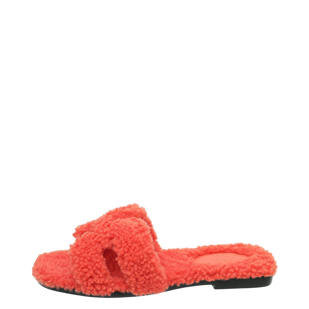 Hermes Orange Oran Woolskin Sandal 37