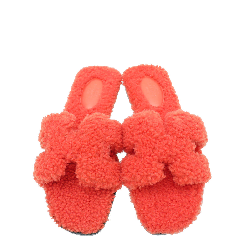 Hermes Orange Oran Woolskin Sandal 37