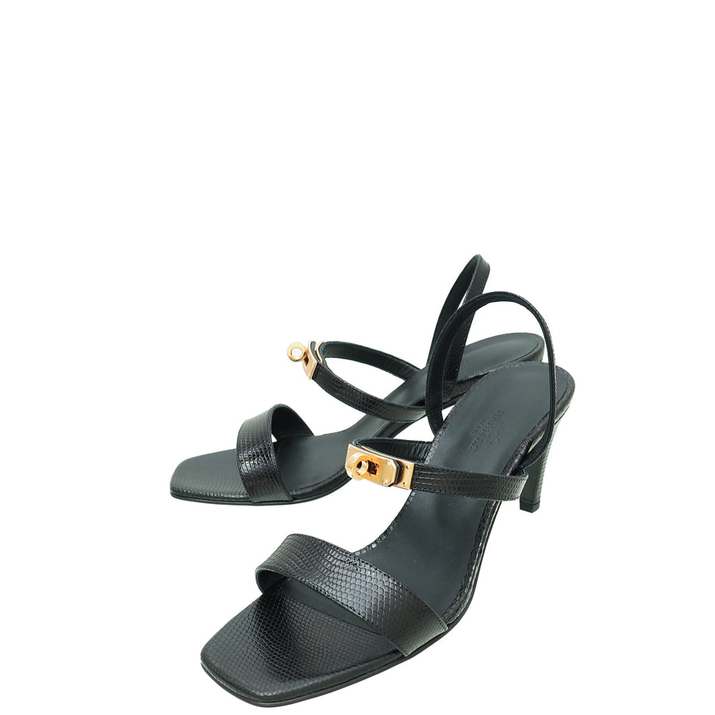 Hermes Noir Lizard Glamour 75 Sandal 39