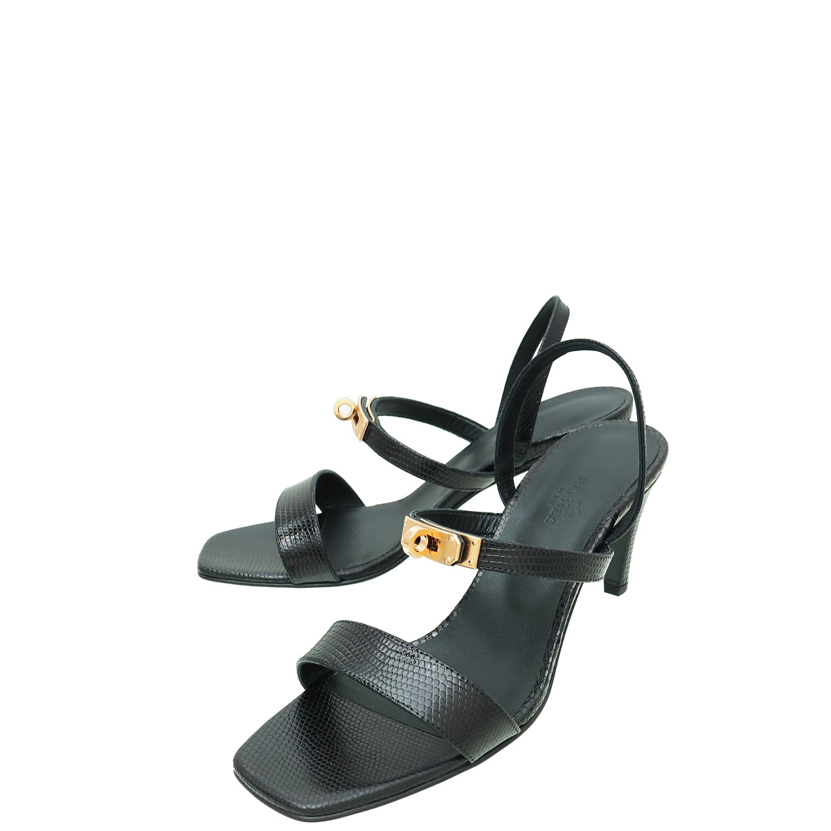 Hermes Noir Lizard Glamour 75 Sandal 39
