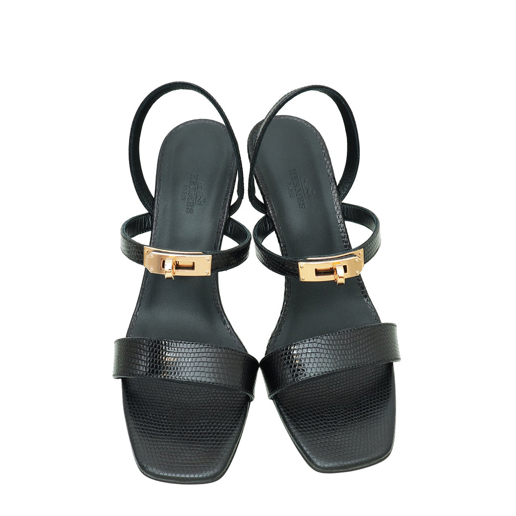 Hermes Noir Lizard Glamour 75 Sandal 39