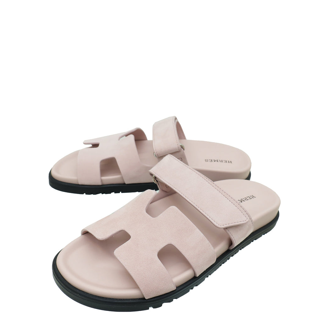 Hermes Rose Porcelain Suede Chypre Sandal 37.5